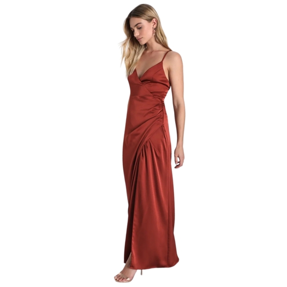 LULUS Elevated Elegance Rust Orange Satin Surplice Tulip Maxi Dress Small - Picture 1 of 6
